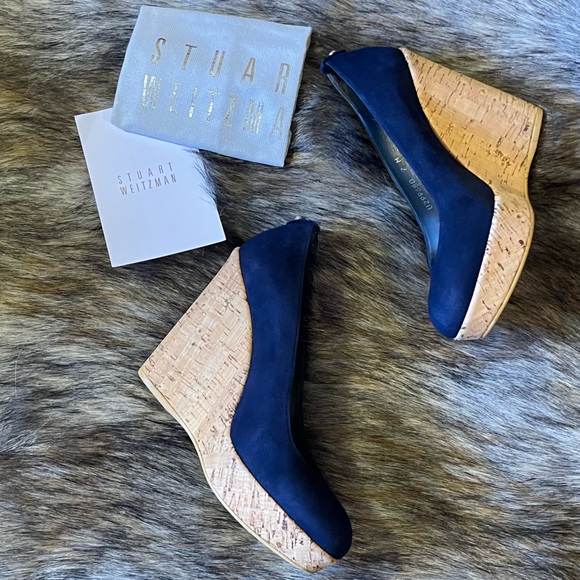 NIB Stuart Weitzman Corkswoon Blue Suede Platform Wedges Size 7 - Picture 10 of 14